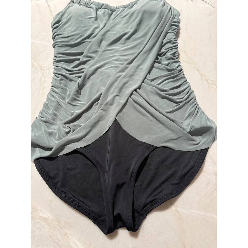 Magicsuit Crossover Shirred Swimdress Draped One Piece Swimsuit Sage Black 12